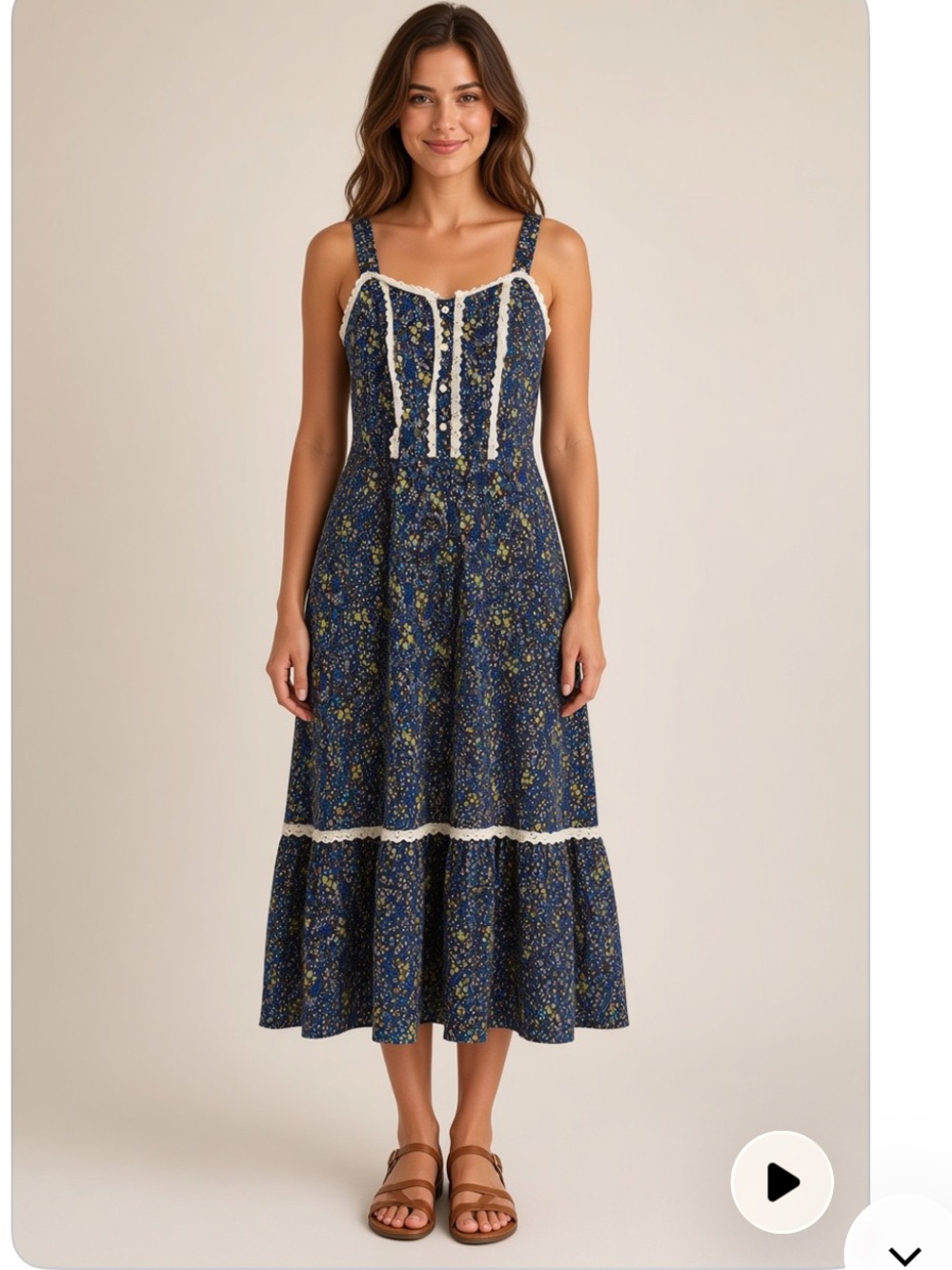 Vintage Floral Blue and White Sundress with Lace Trim - Size Small